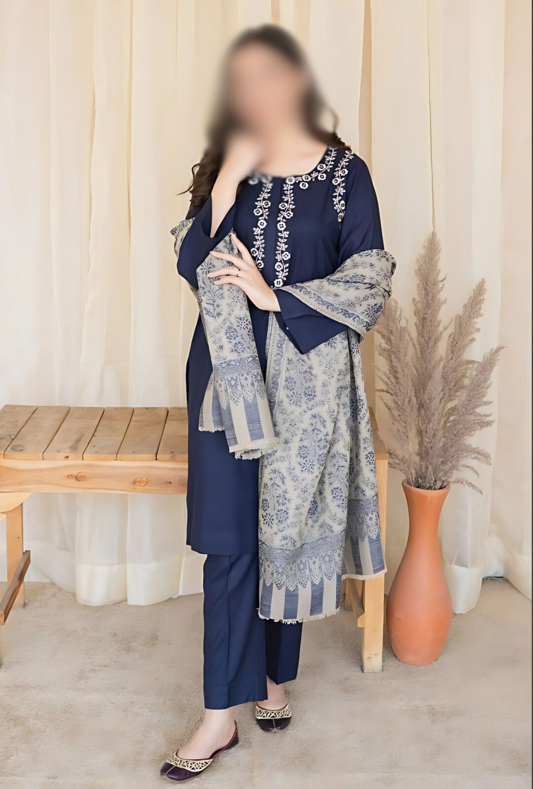 Elegant 3-Piece Embroidered Dhanak Suit with Wool Shawl