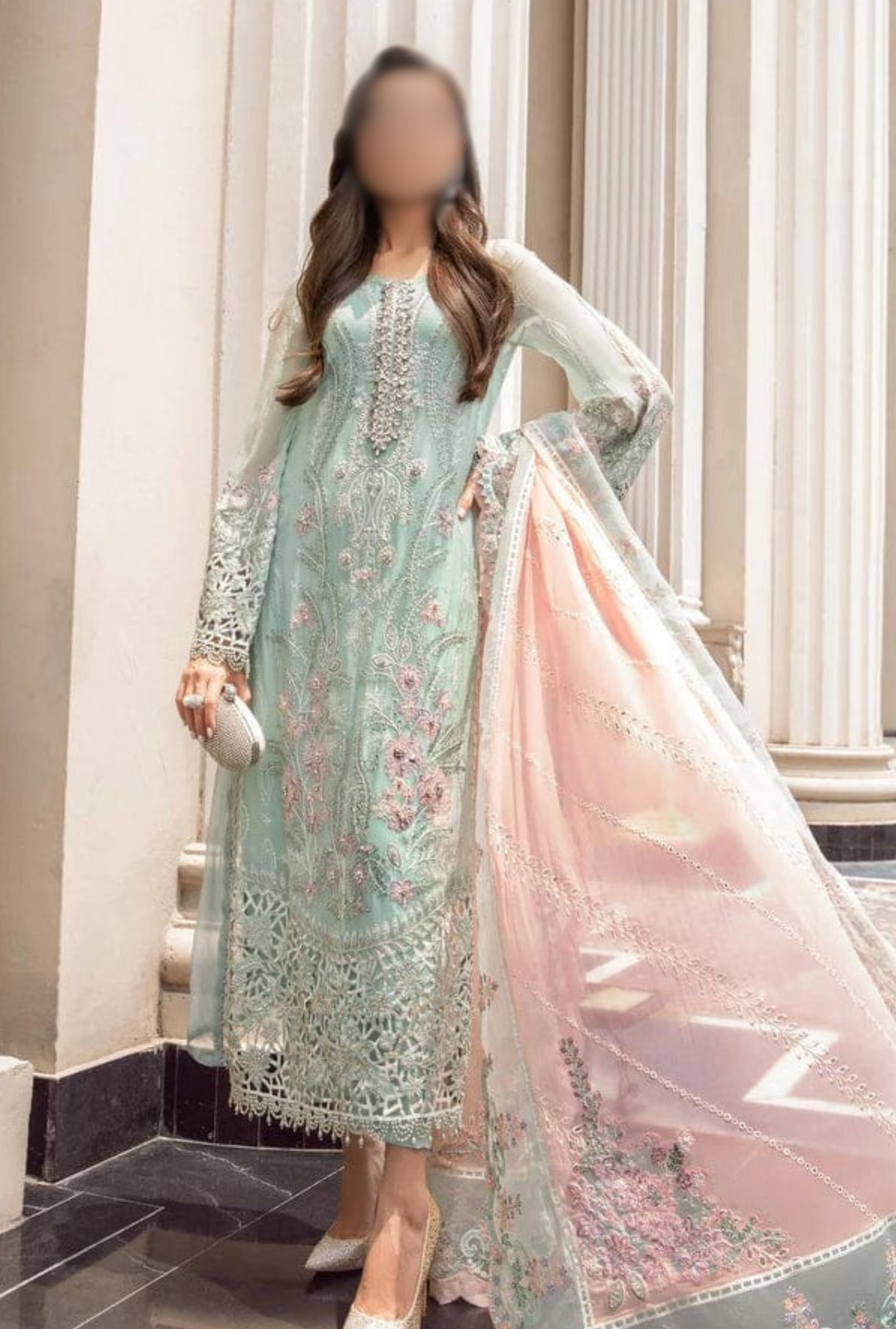 Azure Embroidered Chiffon Suit - FJ